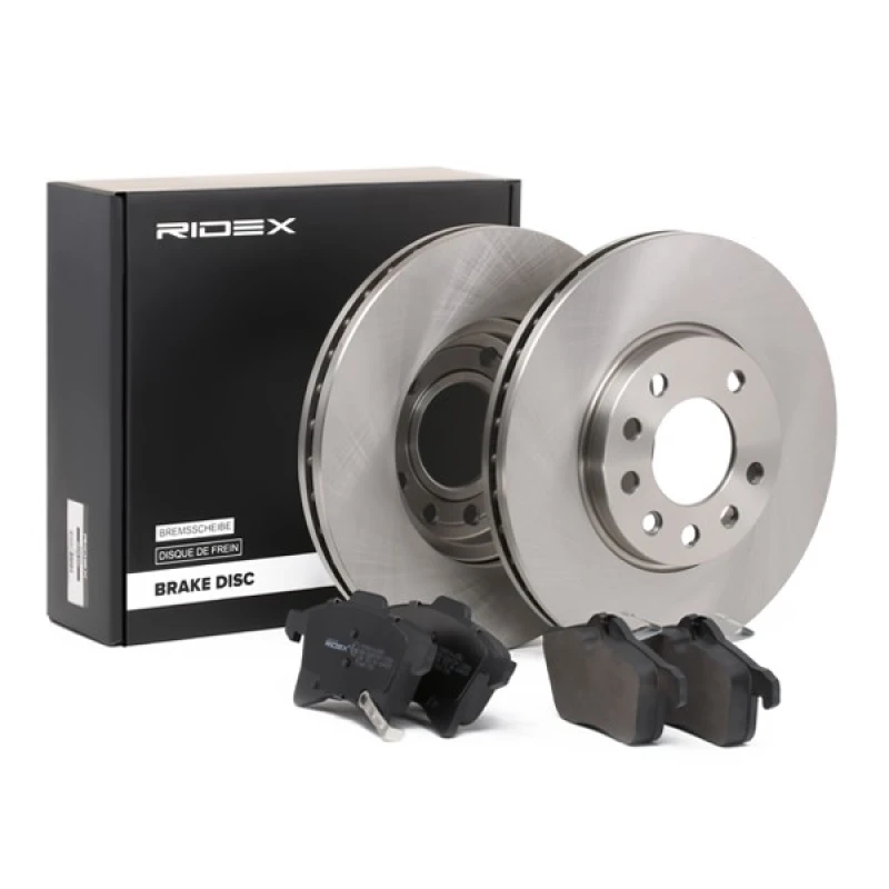Image of RIDEX 3405B0034 Brake disc and pads set Front Axle, Brake Disc Type: Vented, excl. wear warning contact, with anti-squeak plate Brake Set,disc brakes