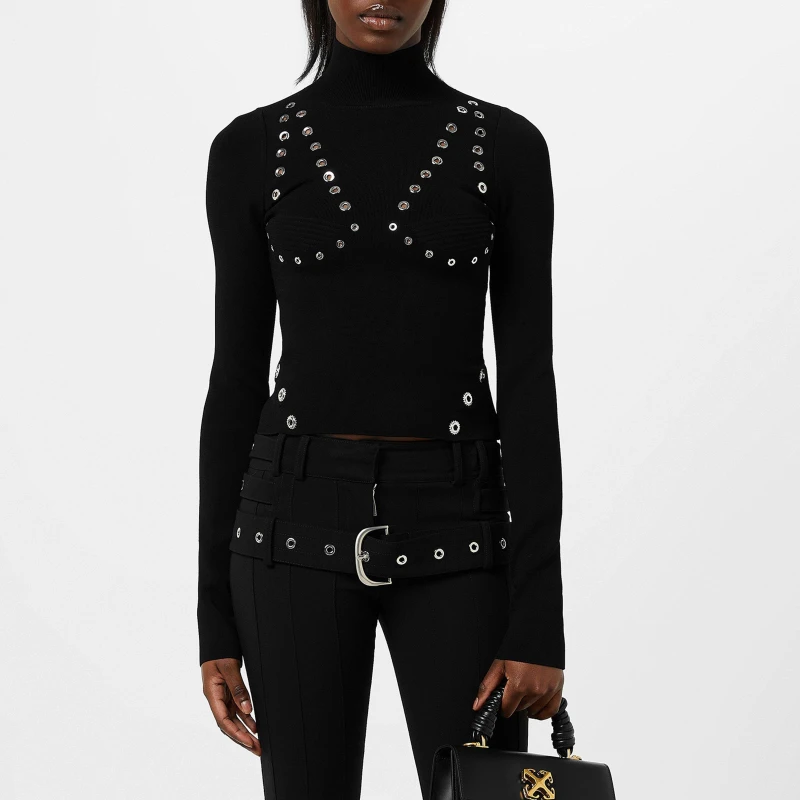 Image of Off White Womens Eylts Mock Neck Viscose Long Sleeve Embellished Jumper Black female 4 (3XS)
