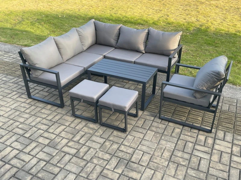 Image of Fimous Aluminium Outdoor Garden Furniture Set Lounge Sofa Oblong Coffee Table Sets with Chair 2 Small Footstools Indoor Conservatory Set Dark Grey Dar