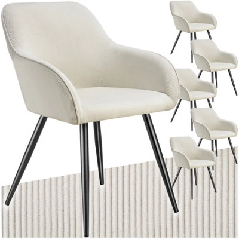 Image of Tectake Set Of 6 Dining Chair Marilyn - Corduroy Look, Upholstered, Armchair, Continuous Backrest - Cream/black