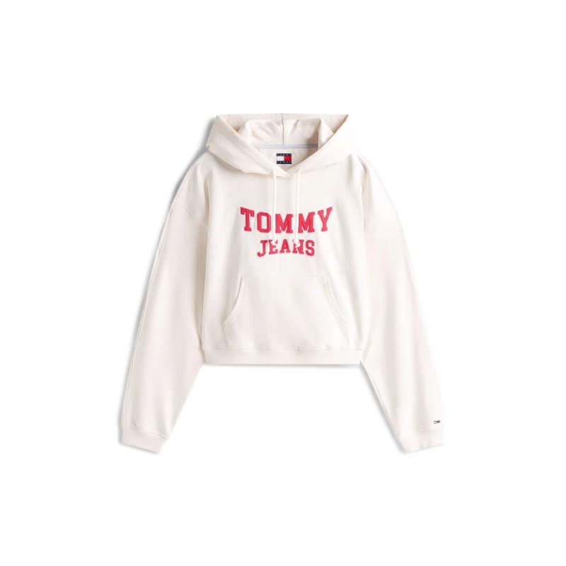 Image of Tommy Jeans Womens TJ Varsity Over-the-Head Hoodie Ancient White female 16 (XL)