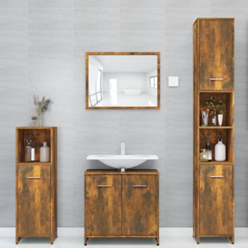 Image of Vidaxl Bathroom Cabinet Smoked Oak 30X30X183.5cm Engineered Wood, Brown 815519