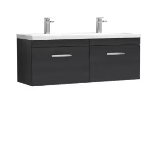 image of Nuie Athena 1200 Wall Hung 2-drawer Vanity & Ceramic Double Basin - Black Woodgrain