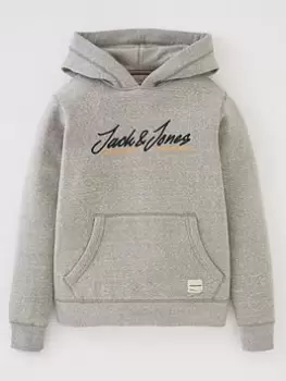 image of Jack & Jones Junior Boys Script Embroidered Logo Hoodie - Light Grey Marl Size 10 Years