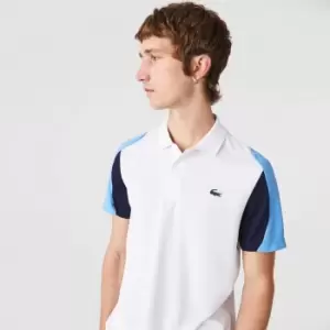 Mens Lacoste SPORT Regular Fit Run-Resistant Pique Tennis Polo Size 5 - L White / Blue / Navy Blue