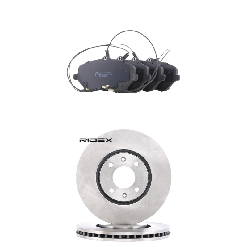Image of RIDEX 3405B3250 Brake disc and pads set Front Axle, Brake Disc Type: Vented, incl. wear warning contact Brake Set,disc brakes (3405)
