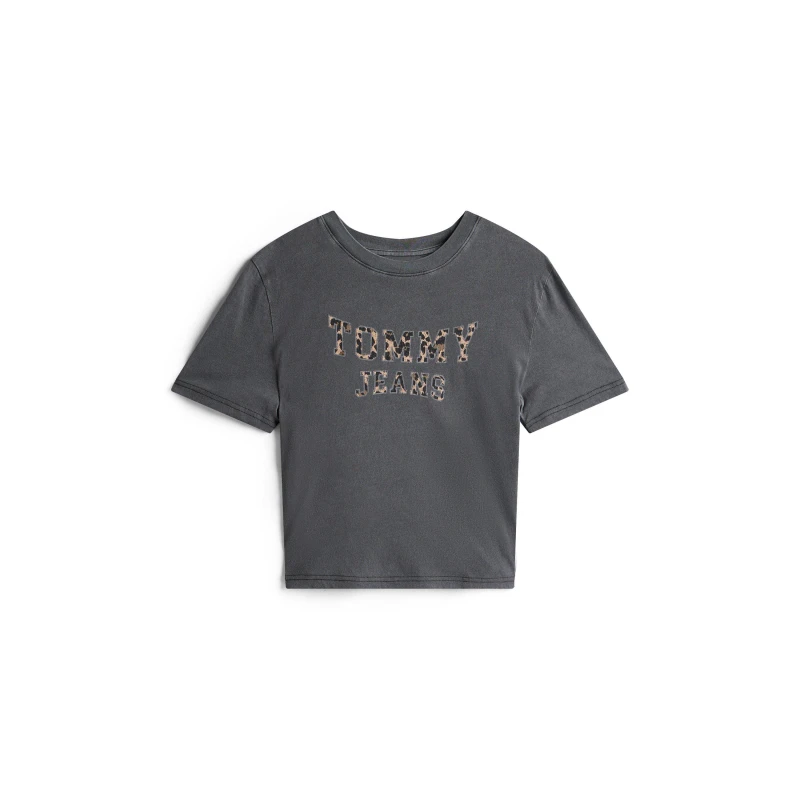 Image of Tommy Jeans Crew Neck T-Shirt with Short Sleeves Black/Leopard Print Women XS;S;M;L