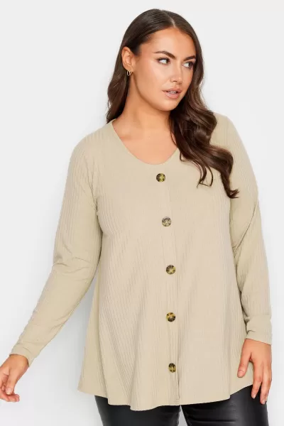 Image of Yours Ribbed Button Front Top Light Beige