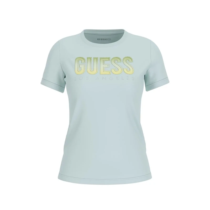 Image of Guess Womens round neck T-Shirt with gradient glitter logo Guess Bleu Female S