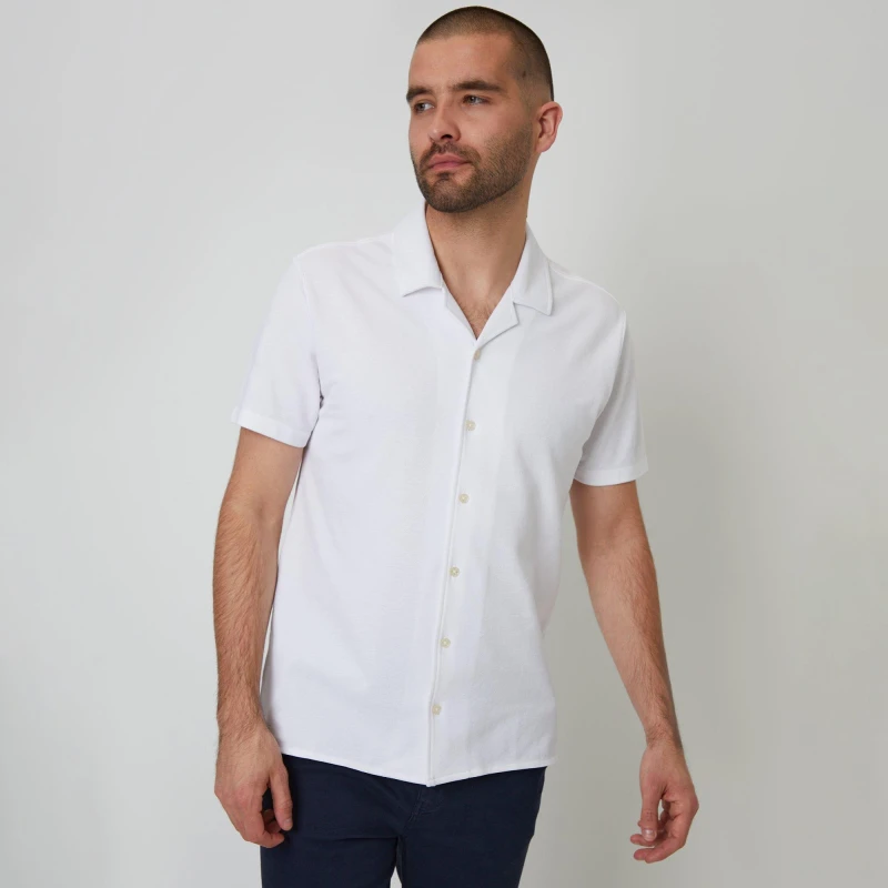 Image of Threadbare Cotton Pique Revere Collar Short Sleeve Shirt White male S