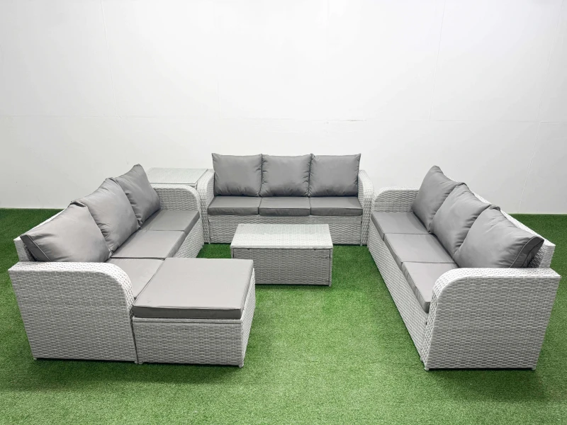 Image of Fimous PE Rattan Lounge Sofa Set 10 Seater Outdoor Garden Furniture Set with Rectangular Coffee Table 3 Seater Sofa Big Footstool Side Table Light Gre