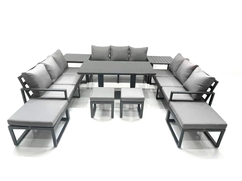 Image of Fimous 13 Seater Garden Sofa Set Aluminium Furniture Rising Dining Tabe Set with 2 Side Tables 4 Footstools Dark Grey Dark Grey Unisex