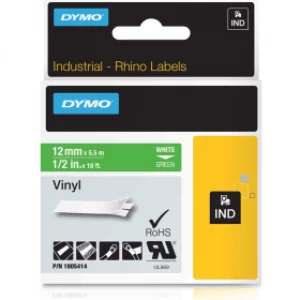 image of Dymo 1805414 White On Green Label Tape 12mm x 5.5m