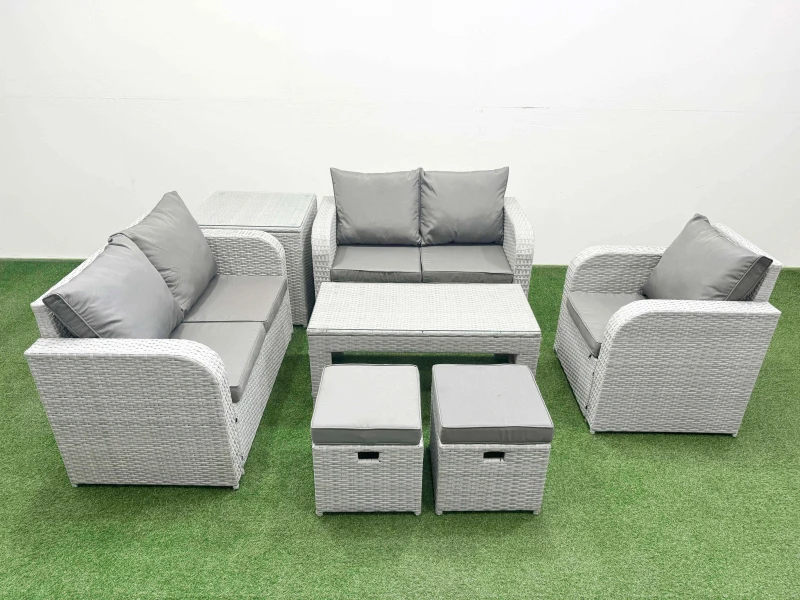 Image of Fimous High Back Poly Rattan Garden Furniture Set w/ Reclining Chair Loveseat Sofa Oblong Coffee Table Indoor Outdoor Patio Set 2 Stool Side Table Lig