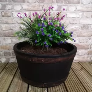 image of Round Black Garden Barrel Planter 50cm - Oakwood Effect