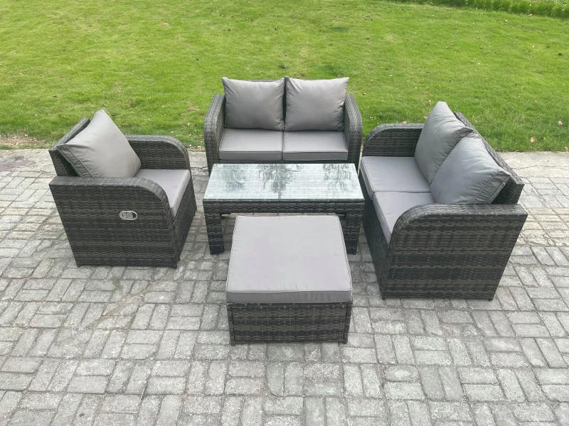 Image of Fimous 5 PCS Garden Furniture set Rattan Outdoor Lounge Sofa Table Chair With Tempered Glass Table Dark Grey Mixed Dark Grey