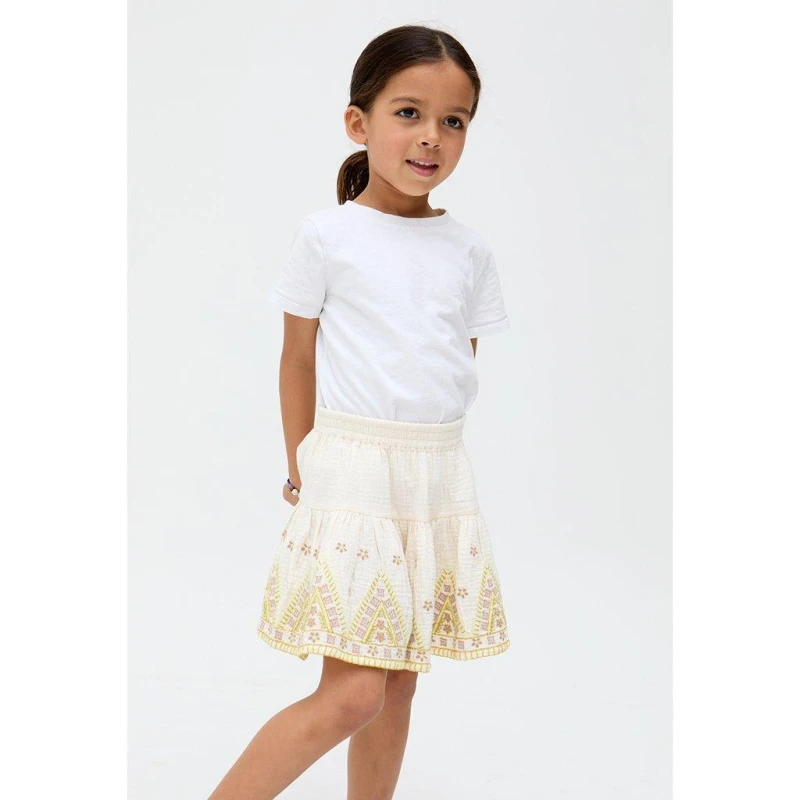 Image of Raffya Kids Staranisse Tiered All Over Embroidered Skirt In Cream Ecru female 3 Yrs