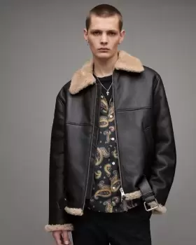 Image of AllSaints Mens Hamel Shearling Jacket, Black, Size: XL