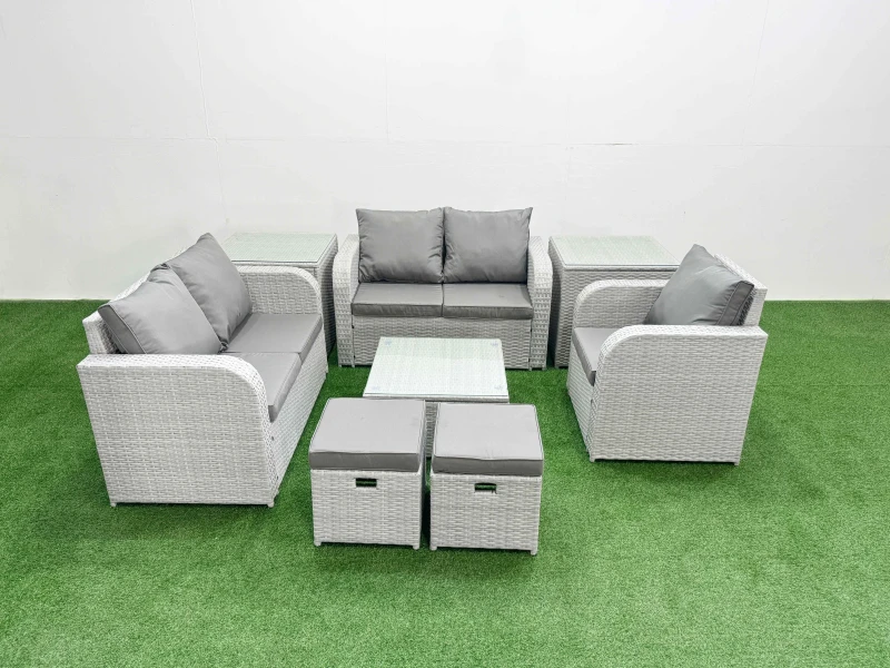 Image of Fimous High Back Poly Rattan Garden Furniture Set with Reclining Chair Loveseat Sofa Square Coffee Table Indoor Outdoor Patio Set 2 Stool 2 Side Tabl