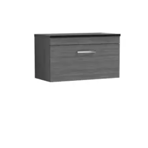 image of Nuie Athena 800 Wall Hung Single Drawer Vanity & Sparkling Black Worktop - Grey Woodgrain