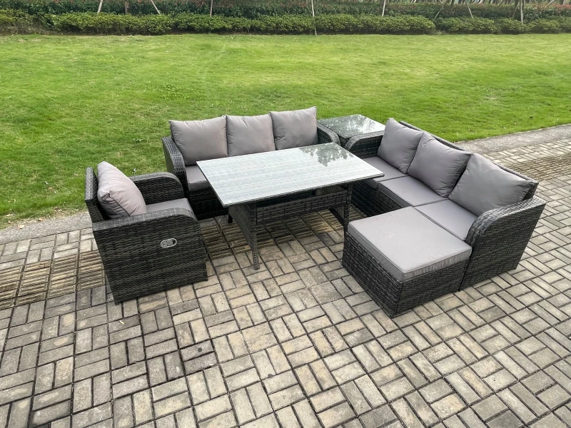 Image of Fimous 8 Seater Rattan Garden Furniture Set Oblong Rectangular Dining Table & Chairs Set with 3 Seater Sofa Big Footstool Side Tables in Dark Grey Dar