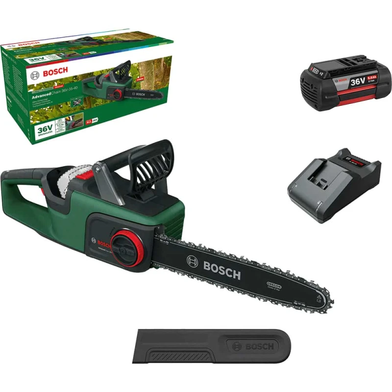 Image of Bosch ADVANCEDCHAIN 36V-35-40 36v Cordless Chainsaw 350mm ADVANCEDCHAIN 36V-35-40 Batteries: 1 x 6ah Li-ion