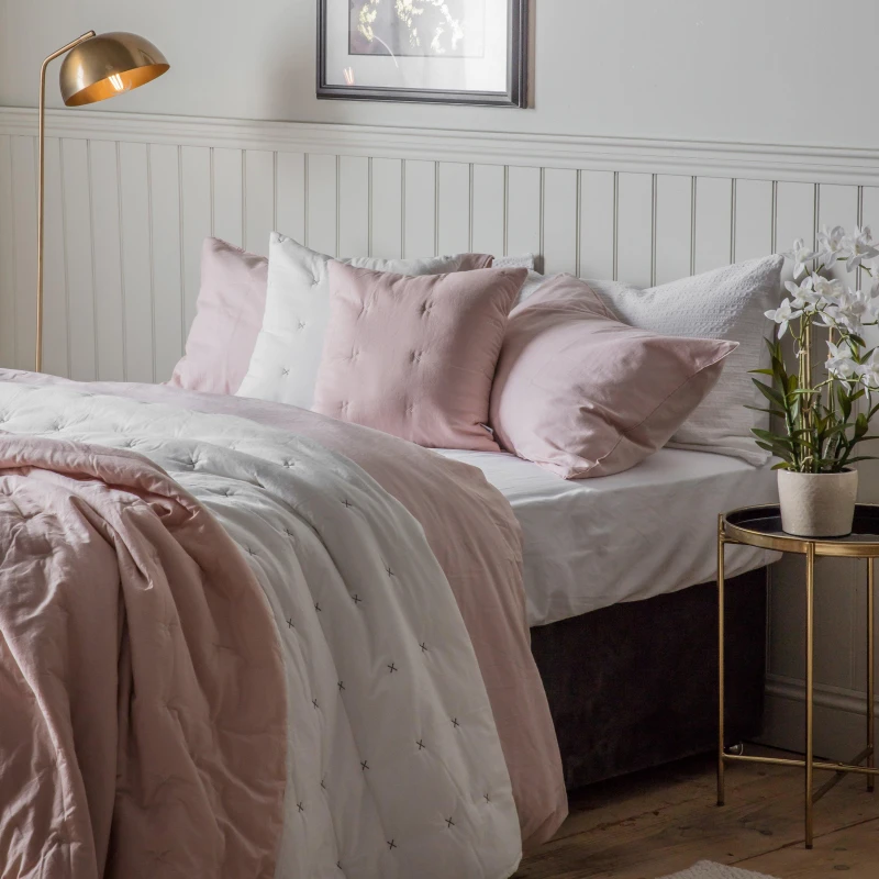 Image of Gallery Interiors Cotton Stitch Blanket Bedspread White Blush