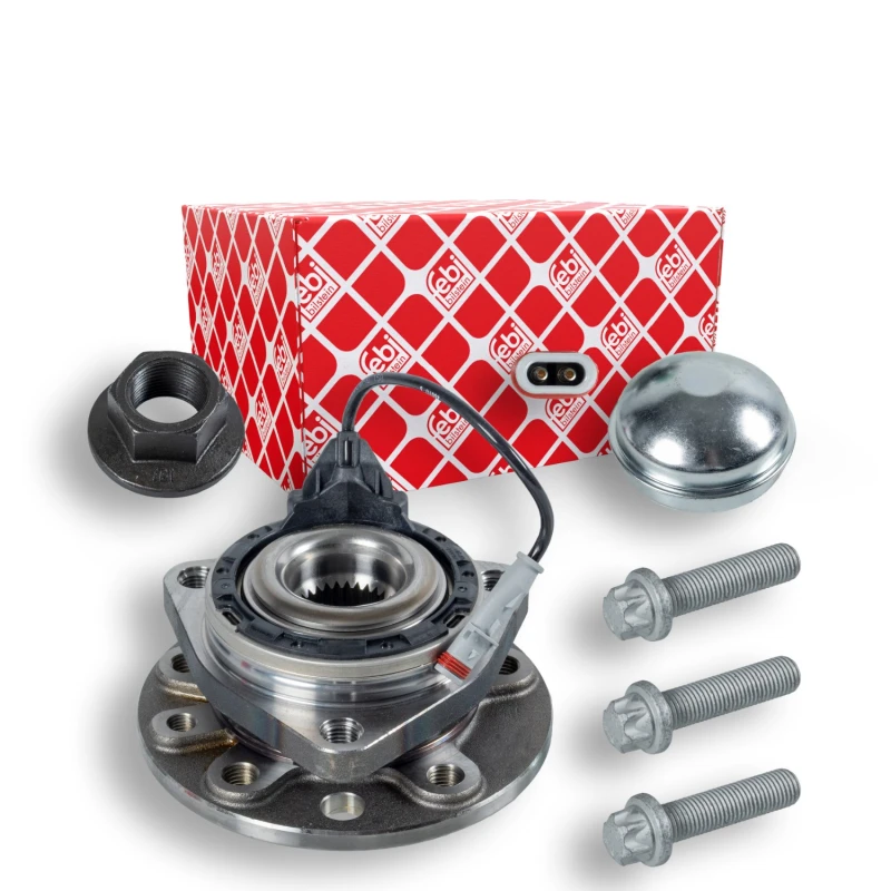 Image of FEBI BILSTEIN 31136 Wheel bearing kit with fastening/mounting material, Front Axle Left, with wheel hub Wheel Bearing Kit (654)
