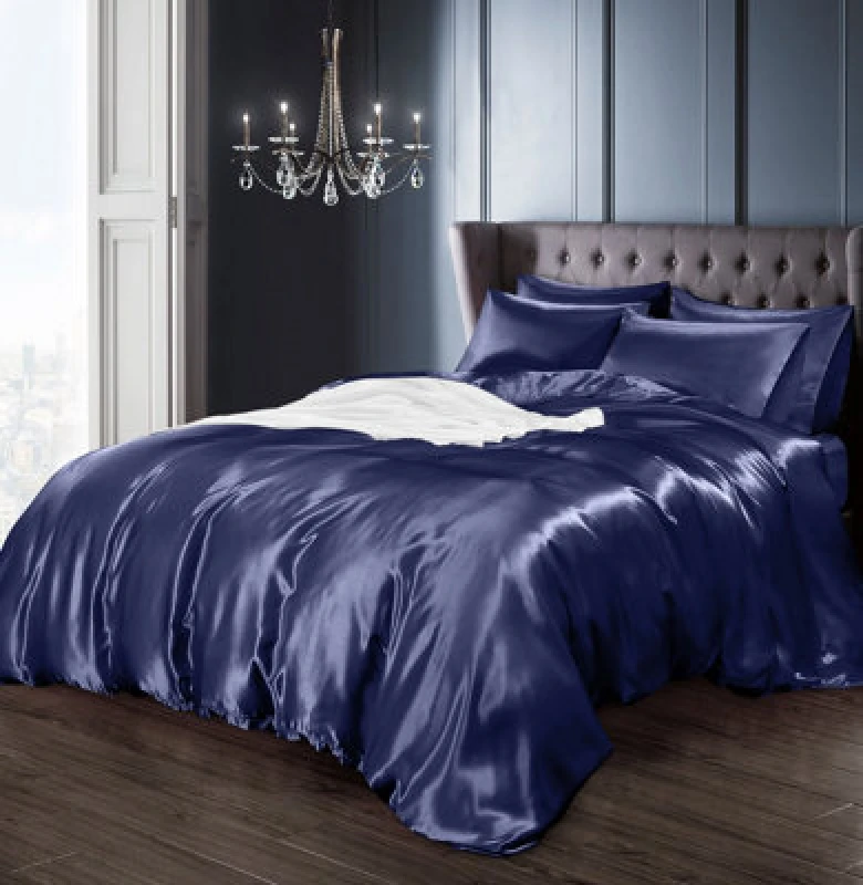 Image of Intimates Luxury Faux Silk Duvet Cover & Pillowcase Set, Stylish Bed Linen With Smooth Satin-Like Finish, Machine Washable - Navy
