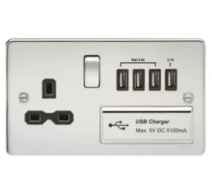 Image of KnightsBridge Flat plate 13A switched socket with quad USB charger - polished chrome with Black insert