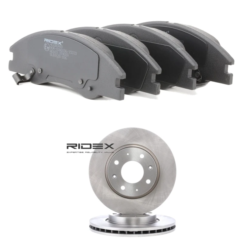 Image of RIDEX 3405B2590 Brake disc and pads set Front Axle, Brake Disc Type: internally vented, with acoustic wear warning Brake Set,disc brakes (3405)