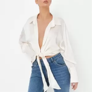 Missguided Plunge Tie Front Satin Shirt - White