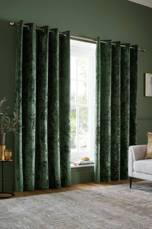 Image of Catherine Lansfield 'Crushed Velvet' Lined Eyelet Curtains in Olive Size: 168cm width x 183cm drop Olive Unisex 168cm width x 183cm drop