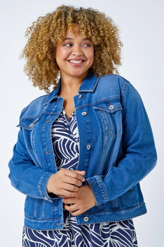 Image of Roman Womens Curve Cotton Denim Jacket in Mid Blue Size: 26-28 Mid Blue Female 26-28
