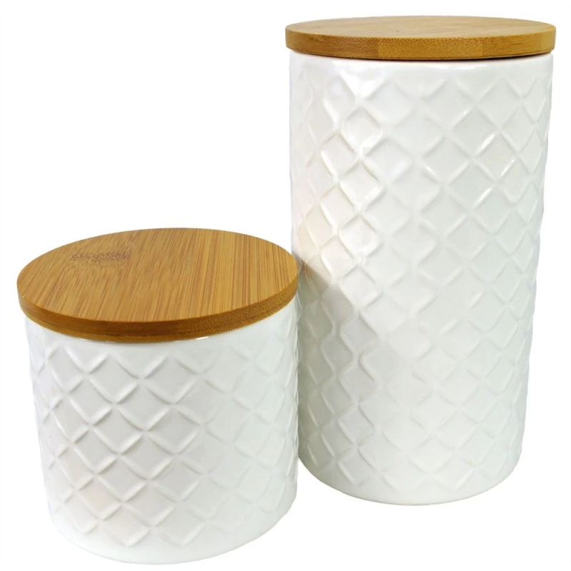 Image of Leaf Set of Two Ceramic Jars Embossed Cream Canisters with Lids
