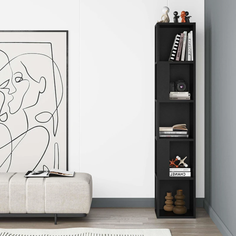 Image of DECORTIE Piano Modern Corner Bookcase Display Unit Tall 158.9cm - Black Bute - Black Bute - Decortie M.KT.02.12531.16