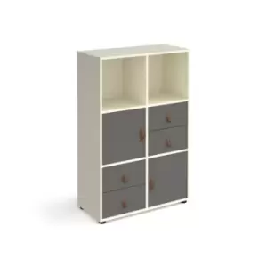 Image of Universal cube storage unit 1295mm high on glides with 2 cupboards and 2 sets of drawers - white with grey inserts