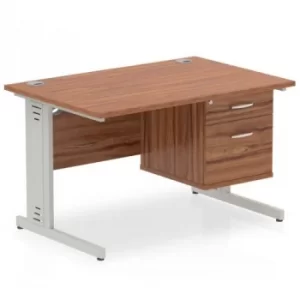 image of Impulse 1200 Rectangle Silver Cable Managed Leg Desk WALNUT 1 x 2 Drawer Fixed Ped