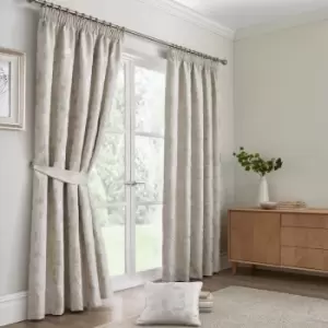 image of Bramford Floral Woven Jacquard Lined Pencil Pleat Curtains, Natural, 46 x 54" - Curtina