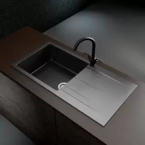 image of Single Bowl Grey Composite Granite Kitchen Sink with Reversible Drainer - Enza Madison