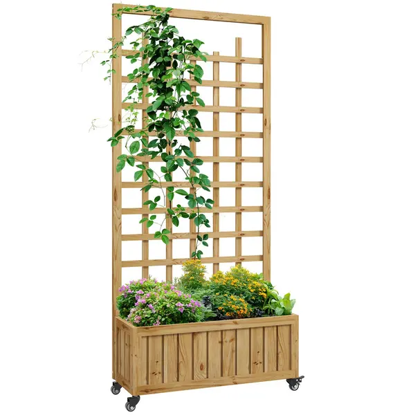 image of Wooden Trellis Planter, Raised Garden Bed with Wheels and Bed Liner