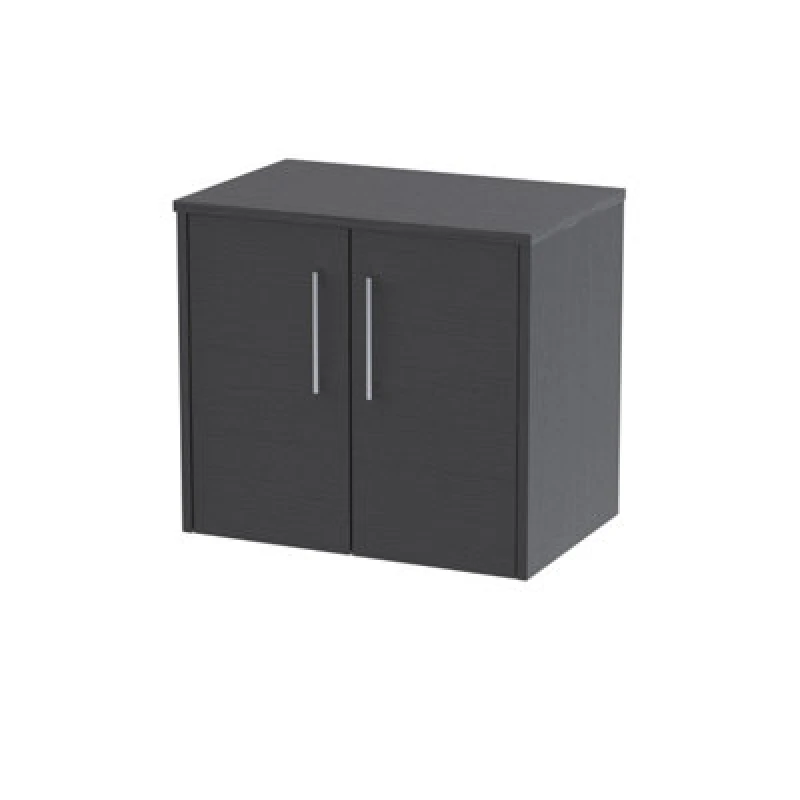 Image of Nuie Hudson Reed Juno Wall Hung 2-Door Vanity Unit & Black Worktop, Stylish Countertop Basin Unit In Graphite Grey Woodgrain, 600mm
