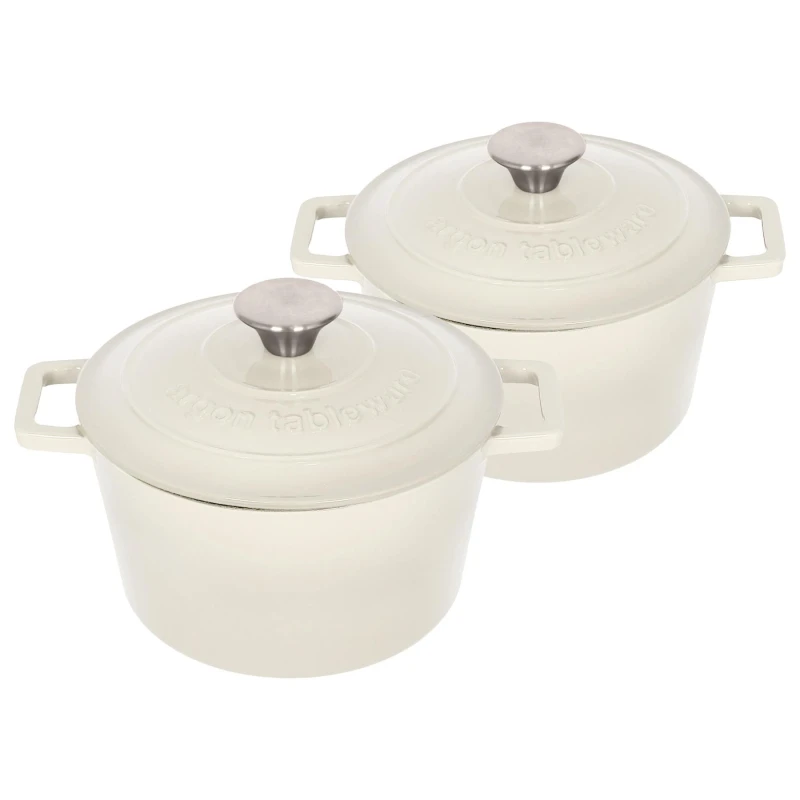 Image of Argon Tableware 2x Round Cast Iron Casserole Dishes with Self Basting Lid - 2.8L in Off-White Off-White Unisex