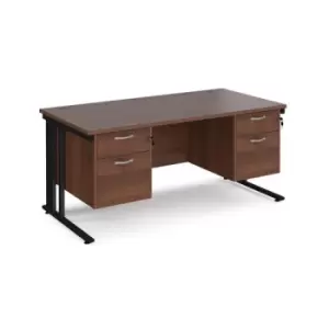 image of Office Desk Rectangular Desk 1600mm With Double Pedestal Walnut Top With Black Frame 800mm Depth Maestro 25 MCM16P22KW