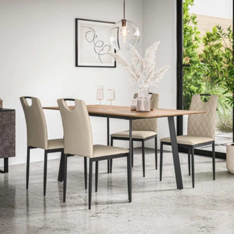 Image of More4Homes Haydon Extending Dining Table & Chairs - Oak Effect Table Top w Black Legs + Monza Faux Leather Dining Chair Set Of 6 in Beige Beige Unisex