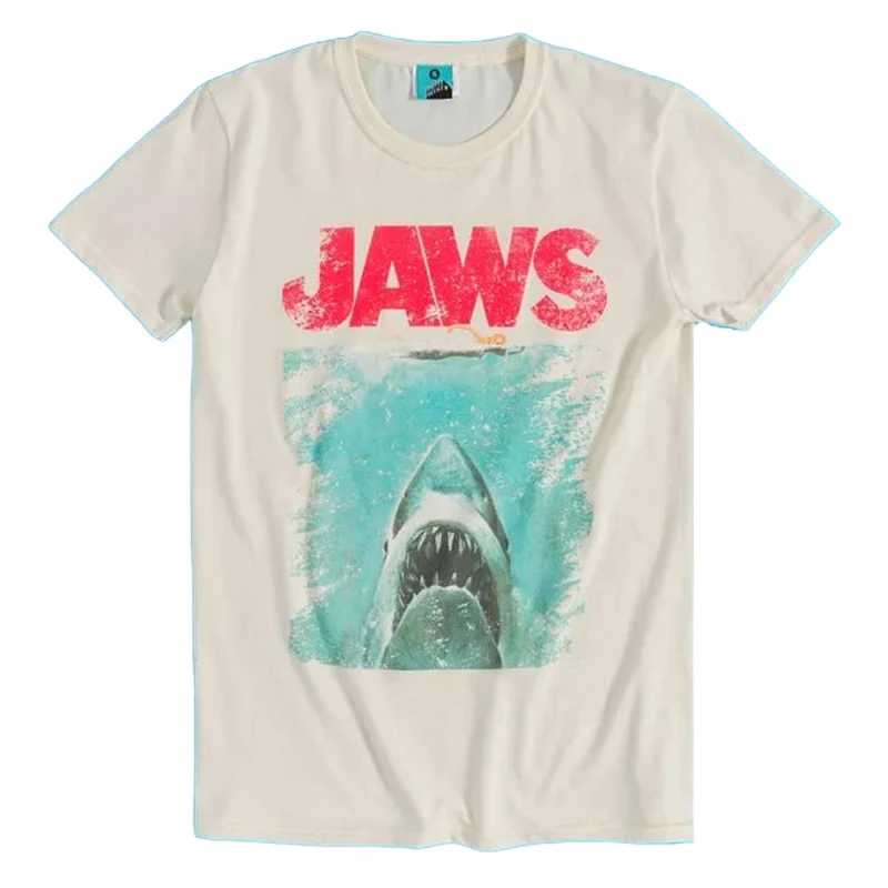 Image of Jaws Movie Poster Distressed T-Shirt in Beige Size: Large Beige Unisex L