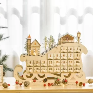 image of Christmas Time Christmas Advent Calendar, Light Up Wooden Sled w/ Countdown Drawer, Village