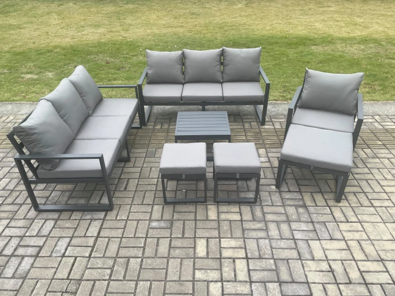 Image of Fimous Aluminium Outdoor Lounge Sofa Set Garden Furniture Sets with Square Coffee Table Chair 3 Footstools Dark Grey Dark Grey Unisex