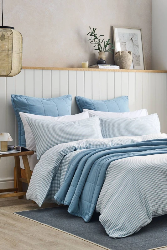 Image of CHRISTY 'Gingham Yarn Dye' Textured Airy Yarn Dye Cotton Duvet Cover Set in Blue Size: Super King Blue Unisex Super King
