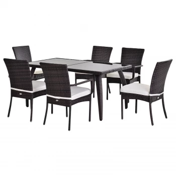 Image of Outsunny Brown Rattan Garden Furniture Dining 7 pcs Set 6 Wicker Weave Chairs & Tempered Glass Top Table Seater W/ Cushion